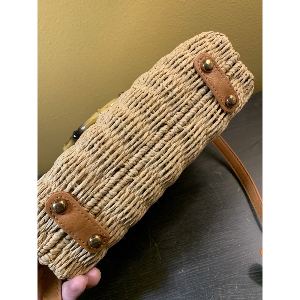 Woven Handbag‎ Paper Fiber Faux Bamboo Handles Tan Crossbody Summer Tote Purse - Picture 6 of 7